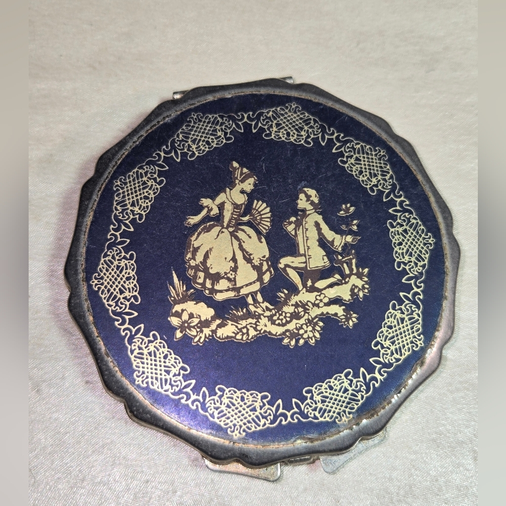 Vintage Compact Mirror Makeup Power Case Cobalt Blue Courting Couple